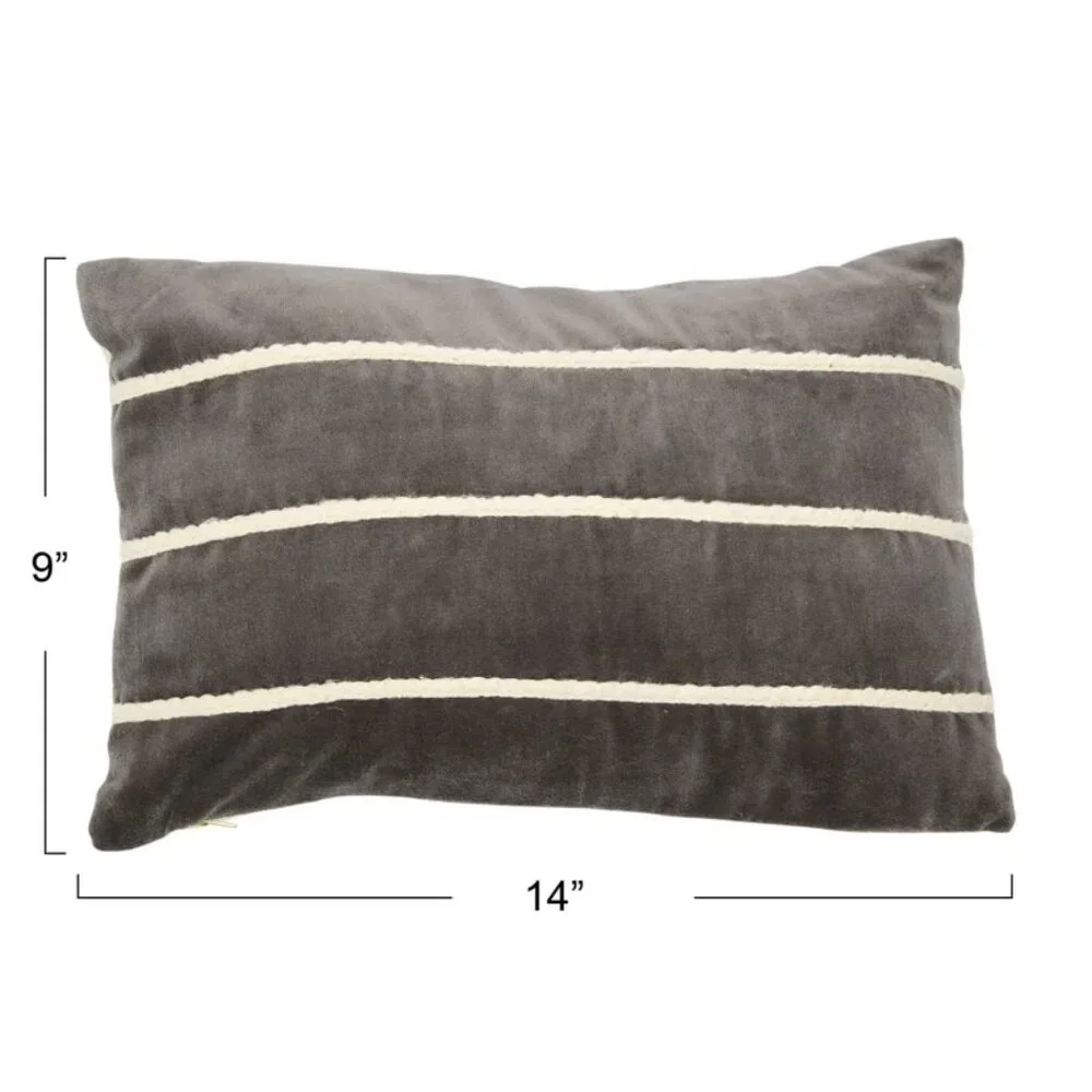 Creative Co-Op Grey/White Velvet Lumbar Pillow with Appliqué Stripes/NIP